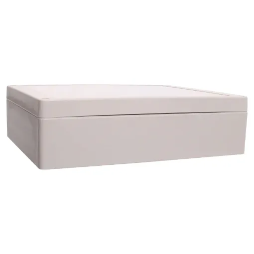 Supplied with neoprene lid sealing gasket. With the seal installed, these enclosures meet IP65 dust and hose proof standard. Supplied with a solid light grey lid (also available with a transparent lid, see H 0332A). These sturdy enclosures have 3mm thick