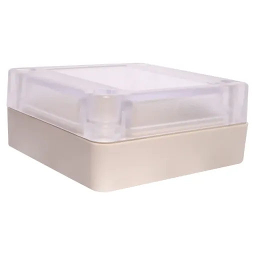 A compact 65x60x28mm sealed box enclosure fitted with clear lid. Manufactured by Ritec.