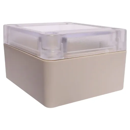 Supplied with neoprene lid sealing gasket. With the seal installed, these enclosures meet IP65 dust and hose proof standard. Supplied with a transparent lid (available with a solid grey lid, see H0300). PCB mounting points are moulded into the enclosure b