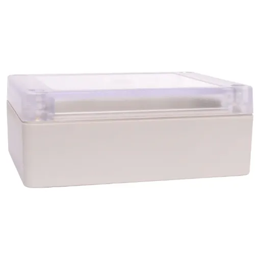 Supplied with neoprene lid sealing gasket. With the seal installed, these enclosures meet IP65 dust and hose proof standard. Supplied with a transparent lid (available with a solid grey lid, see H0301). PCB mounting points are moulded into the enclosure b