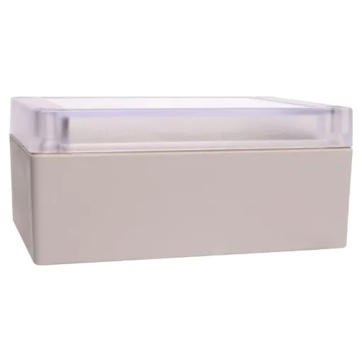 Supplied with neoprene lid sealing gasket. With the seal installed, these enclosures meet IP65 dust and hose proof standard. Supplied with a transparent lid (available with a solid grey lid, see H0304). PCB mounting points are moulded into the enclosure b