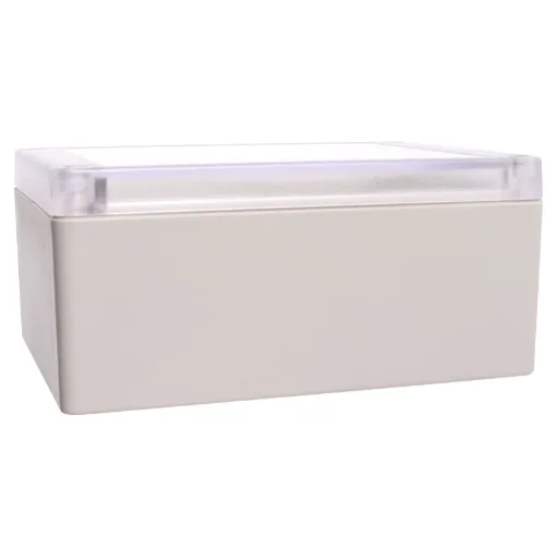 Supplied with neoprene lid sealing gasket. With the seal installed, these enclosures meet IP65 dust and hose proof standard. Supplied with a transparent lid (available with a solid grey lid, see H0307). PCB mounting points are moulded into the enclosure b