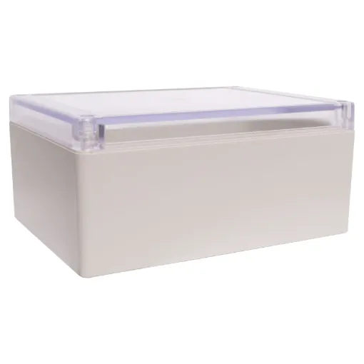 Supplied with neoprene lid sealing gasket. With the seal installed, these enclosures meet IP65 dust and hose proof standard. Supplied with a transparent lid (available with a solid grey lid, see H0308). PCB mounting points are moulded into the enclosure b