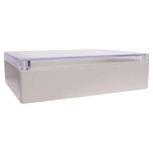 Supplied with neoprene lid sealing gasket. With the seal installed, these enclosures meet IP65 dust and hose proof standard. Supplied with a transparent lid (available with a solid grey lid, see H 0312A). PCB mounting points are moulded into the enclosure