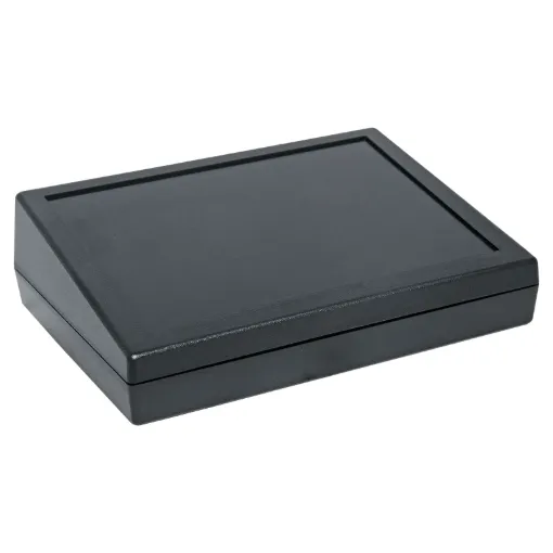 These stylish sloping front desk mount high impact ABS project enclosures are ideal for housing audio or video controllers, security systems, test equipment, control equipment, etc. They can be easily machined to suit custom applications.