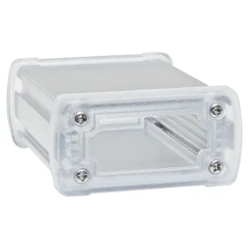 These rugged extruded silver anodised aluminium boxes are fitted with clear polycarbonate end caps for a professional finish. Extrusion has 5 PCB internal mounting ribs. Tough single piece extruded design. Includes four rubber feet.