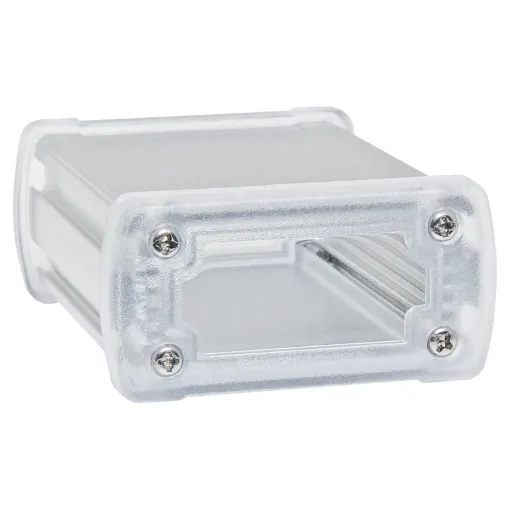 These rugged extruded silver anodised aluminium boxes are fitted with clear polycarbonate end caps for a professional finish. Extrusion has 5 PCB internal mounting ribs. Tough single piece extruded design. Includes four rubber feet.