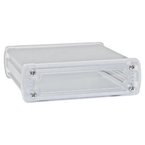 These rugged extruded silver anodised aluminium boxes are fitted with clear polycarbonate end caps for a professional finish. Extrusion has 5 PCB internal mounting ribs. Tough single piece extruded design. Includes four rubber feet.