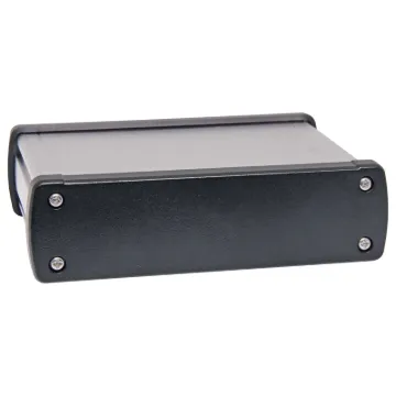 These rugged extruded silver anodised aluminium boxes are fitted with black aluminium end caps for a professional finish. Extrusion has 5 PCB internal mounting ribs. Tough single piece extruded design. Includes four rubber feet.