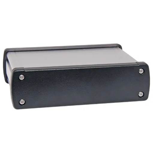 These rugged extruded silver anodised aluminium boxes are fitted with black aluminium end caps for a professional finish. Extrusion has 5 PCB internal mounting ribs. Tough single piece extruded design. Includes four rubber feet.