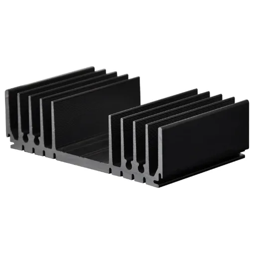 Black anodised. Incorporates a number of recessed "channels" on the flat side to enable self tapper screw fixing from chassis etc, without the need to drill holes. Other recesses are provided to mate with 1mm sheet metal thus allowing the construction of
