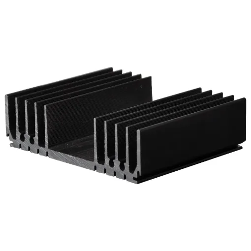 Black anodised. Incorporates a number of recessed "channels" on the flat side to enable self tapper screw fixing from chassis etc, without the need to drill holes. Other recesses are provided to mate with 1mm sheet metal thus allowing the construction of