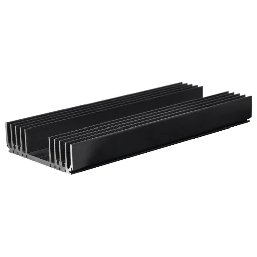 Black anodised. Incorporates a number of recessed "channels" on the flat side to enable self tapper screw fixing from chassis etc, without the need to drill holes. Other recesses are provided to mate with 1mm sheet metal thus allowing the construction of