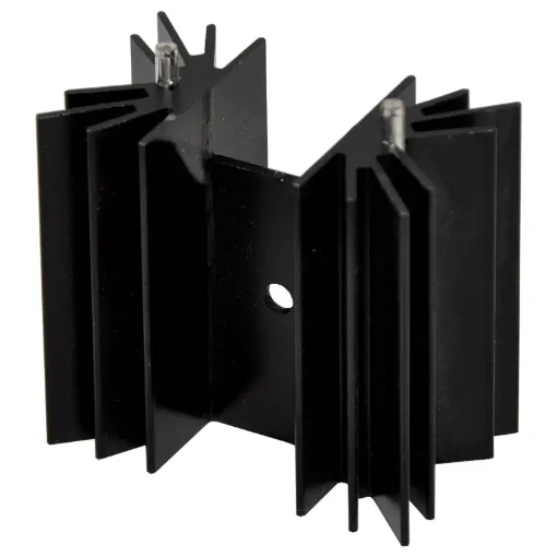 Suitable for flat pack semis up to TO-3P size. Vertical mount. Includes  2 PCB pins.
Thermal resistance: 	7.25C/W.