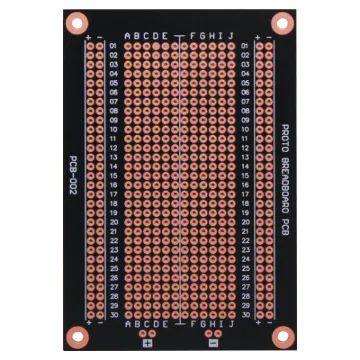 Allows you to keep the same project layout as your
breadboard and transfer it to a permanent PCB.
Solder masked board for easy construction. Includes
power rails running the length of the board. 94 x 64mm. 484 holes.