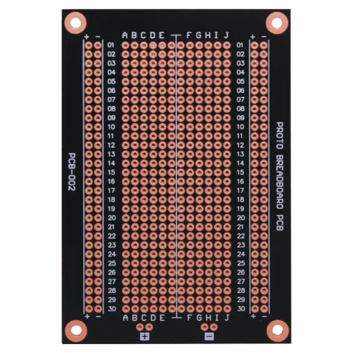 Allows you to keep the same project layout as your
breadboard and transfer it to a permanent PCB.
Solder masked board for easy construction. Includes
power rails running the length of the board. 94 x 64mm. 484 holes.