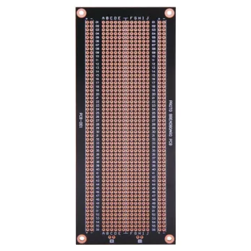 Allows you to keep the same project layout as your
breadboard and transfer it to a permanent PCB.
Solder masked board for easy construction. Includes
power rails running the length of the board. 164 x 64mm. 900 holes.