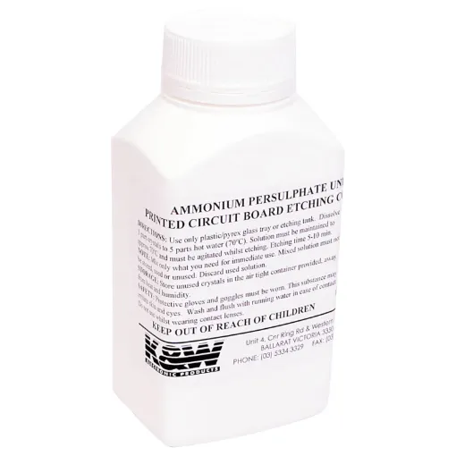 A clean, safe to use etchant, white powder, mix with water 1:5 ratio. Used hot, 60 degrees to 70 degrees celsius is not an acid, works by chemical reaction. Instruction on the label and in "AE" laminate instructions. 600gm nett in a screw cap jar.