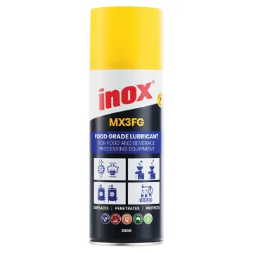 INOX MX3FG Food Grade Lubricant is a multi-purpose oil based spray designed for use on food processing and handling equipment. Spraying on surfaces creates an anti-rust film to protect from any corrosion or moisture that can occur.