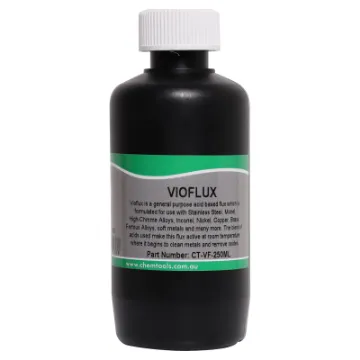 CT-VF-250ML Vioflux is a general purpose acid based flux which is formulated for use with Stainless Steel, Monel, High-Chrome Alloys, Inconel, Nickel, Copper, Brass, Ferrous Alloys, soft metals and many more.
