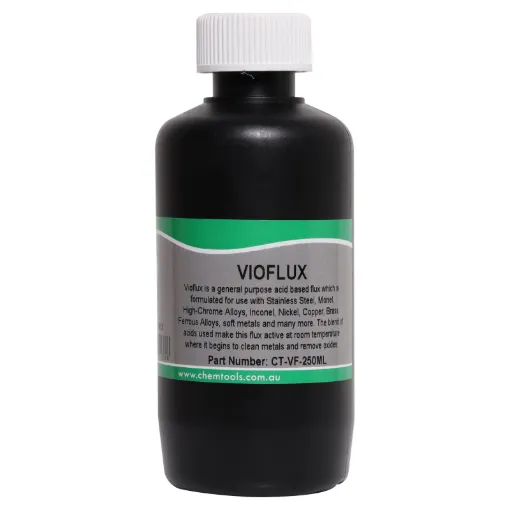 CT-VF-250ML Vioflux is a general purpose acid based flux which is formulated for use with Stainless Steel, Monel, High-Chrome Alloys, Inconel, Nickel, Copper, Brass, Ferrous Alloys, soft metals and many more.