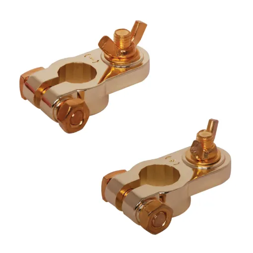 Gold plated positive and negative marked battery terminals. With M8 wing nut connection and terminal opening to suit T1 standard DIN battery posts.