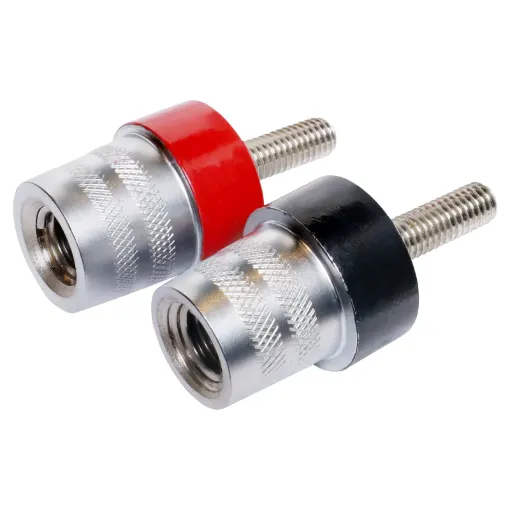 A pair of M6 SAE battery posts marked as positive and negative. Suitable for batteries fitted with an M6 recessed bolt terminal. Manufactured using high quality materials for a reliable connection. 