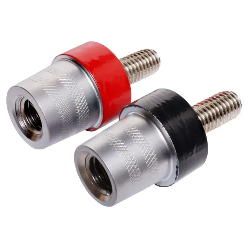 A pair of M8 SAE battery posts marked as positive and negative. Suitable for batteries fitted with an M8 recessed bolt terminal. Manufactured using high quality materials for a reliable connection. 