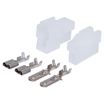 A positive locking latch automatically engages at mating for the single circuit connector. the standard connector used in fusible links. The tin plated crimp contacts, are easily snapped into the housings by hand. Applicable terminal wire range is 1.3 to