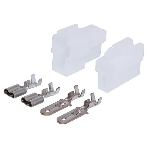 A positive locking latch automatically engages at mating for the single circuit connector. the standard connector used in fusible links. The tin plated crimp contacts, are easily snapped into the housings by hand. Applicable terminal wire range is 1.3 to