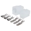 A positive locking latch automatically engages at mating for the single circuit connector. the standard connector used in fusible links. The tin plated crimp contacts, are easily snapped into the housings by hand. Applicable terminal wire range is 1.3 to