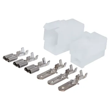 A positive locking latch automatically engages at mating for the single circuit connector. the standard connector used in fusible links. The tin plated crimp contacts, are easily snapped into the housings by hand. Applicable terminal wire range is 1.3 to