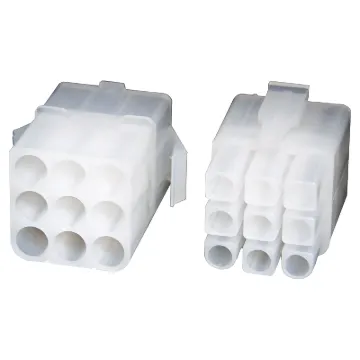 Supplied with crimp pins. Pins crimp (or solder) onto cable and then snap into place inside the connector. Both the plug and socket are inline type, though can also be chassis mounted. 
Rated at up to 300V AC/DC, these compact connectors will withstand1,