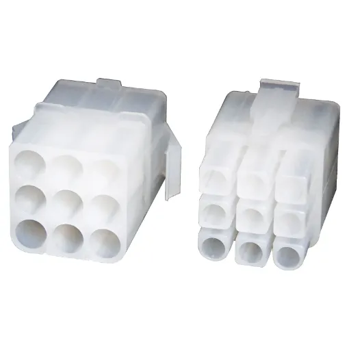 Supplied with crimp pins. Pins crimp (or solder) onto cable and then snap into place inside the connector. Both the plug and socket are inline type, though can also be chassis mounted. 
Rated at up to 300V AC/DC, these compact connectors will withstand1,