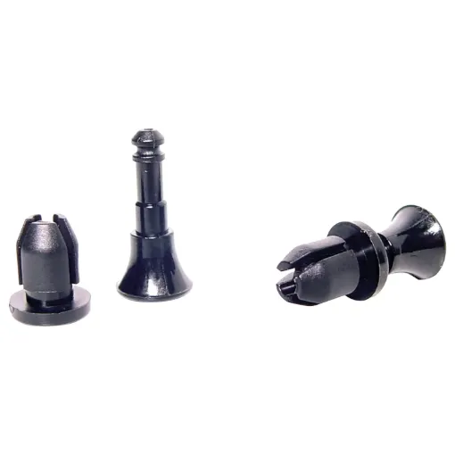 A unique two part olastic fixing that enables a sub-chassis or panel to be easily removed from and replaced on a main chassis without the need for screws and bolts.