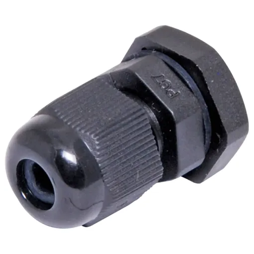 Multi-piece cable gland with rubber clamping ring for sealing cable apertures in weatherproof equipment or speaker enclosures.