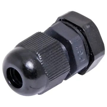 Multi-piece cable gland with rubber clamping ring for sealing cable apertures in weatherproof equipment or speaker enclosures.