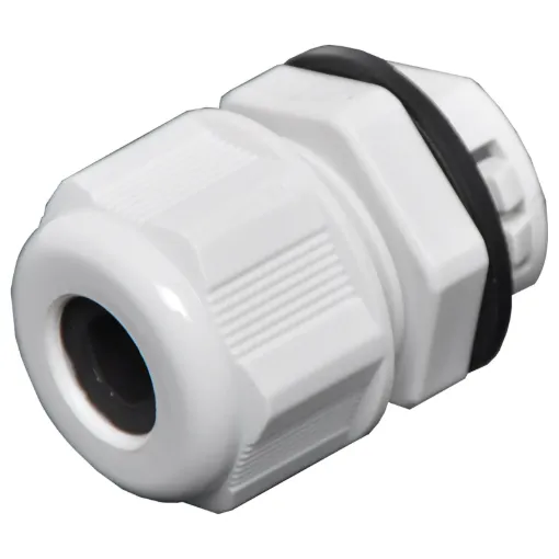 Multi-piece cable glands with rubber clamping ring for sealing cable apertures in weatherproof equipment or speaker enclosures.