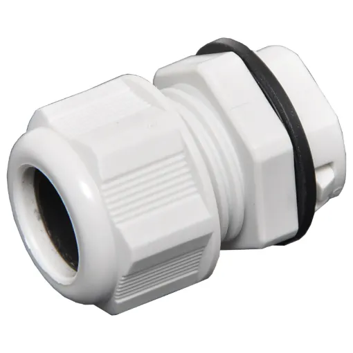 A snapfit grey cable gland made from fire retardant plastic for 9-12.5mm OD cable

PG11 size cable gland with IP68 ingress protection rating. Multi-piece cable glands with rubber clamping ring for sealing cable apertures in weatherproof equipment or speaker enclosures. Constructed from flame retardant plastic materials. Suits cable diameter 9mm t