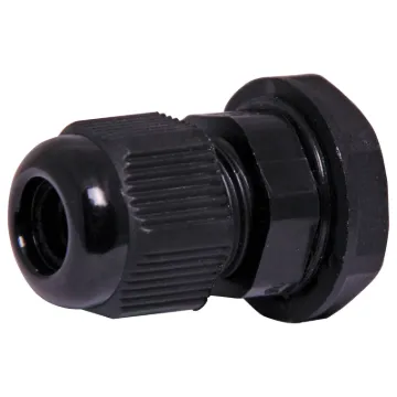 Multi-piece cable gland with rubber clamping ring for sealing cable apertures in weatherproof equipment or speaker enclosures.