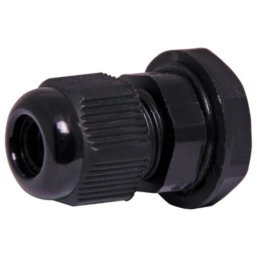 Multi-piece cable gland with rubber clamping ring for sealing cable apertures in weatherproof equipment or speaker enclosures.