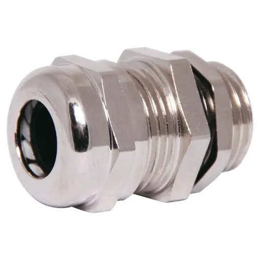 IP68 cable gland with a rubber clamping ring for a weatherproof cable seal. Quality nickel plated brass.
Standard gland suits cable diameter 5mm to 10mm. Mounting hole   18.5mm.