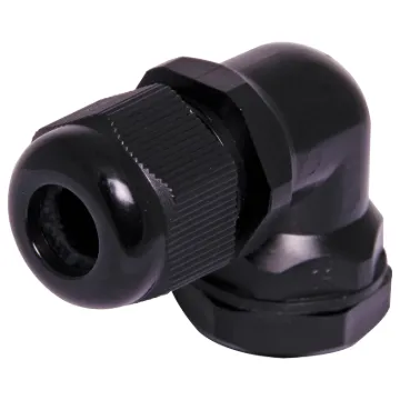 Multi-piece right angle cable glands with rubber clamping ring for sealing cable apertures in weatherproof equipment or speaker enclosures.