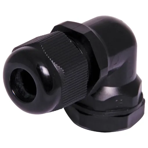 Multi-piece right angle cable glands with rubber clamping ring for sealing cable apertures in weatherproof equipment or speaker enclosures.