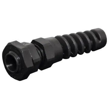 Strain relief gland suits cable 3mm to 6.5mm diameter. Mounting hole  dia. 14mm