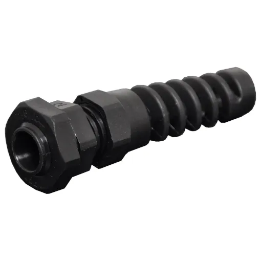 Strain relief gland suits cable 3mm to 6.5mm diameter. Mounting hole  dia. 14mm