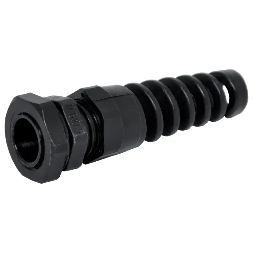 Strain relief gland suits cable 5mm to 10mm diameter. Mounting hole  dia. 8.5mm
