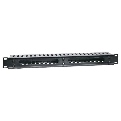 Slotted panels for management of patch leads in IT and comms racks. Durable black powdercoated finish. Features plastic slotted tabs and slide on rear panel cover for a neat finish. 1 RU
