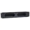 Slotted panels for management of patch leads in IT and comms racks. Durable black powdercoated finish. Features plastic slotted tabs and slide on rear panel cover for a neat finish. 2 RU