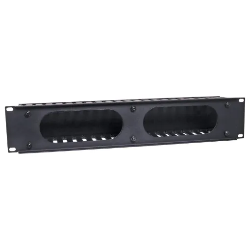 Slotted panels for management of patch leads in IT and comms racks. Durable black powdercoated finish. Features plastic slotted tabs and slide on rear panel cover for a neat finish. 2 RU